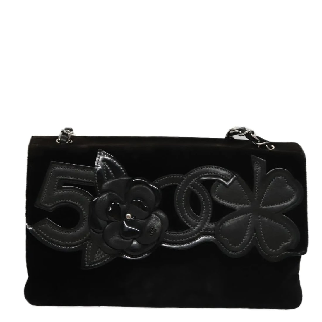 Chanel Camellia No.5 Chain Flap Black Velvet Bag: Chanel Camellia No.5 Chain Flap Black Velvet Bag Chanel Camellia No.5 Chain Flap bag in black velvet. This vintage piece is presented in good condition with honest wear consistent with age and use. No