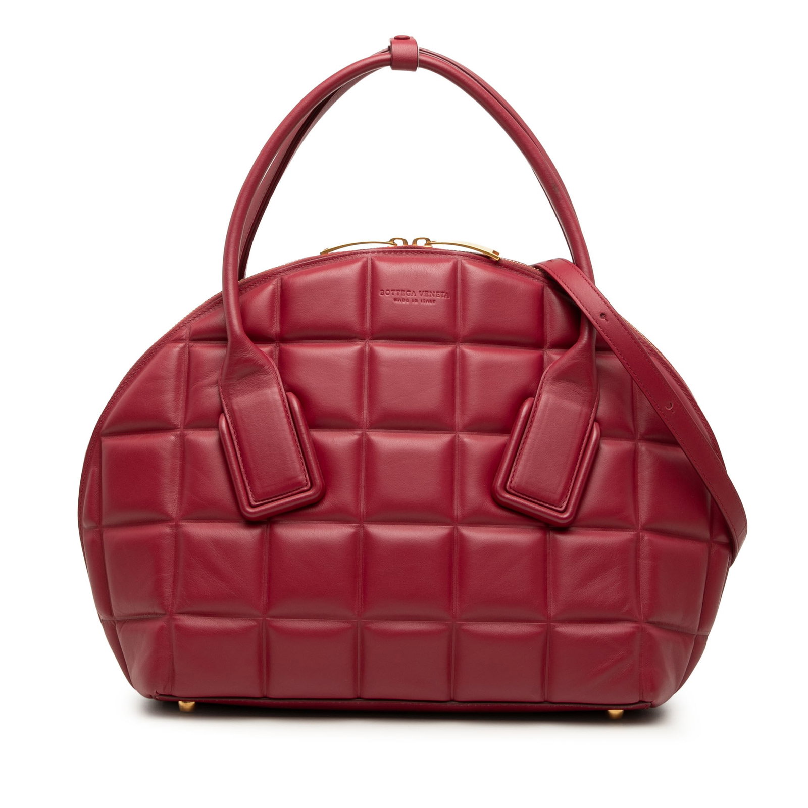 Bottega Veneta Swoop Medium Padded Leather Handbag Red: Bottega Veneta Swoop Medium Padded Leather Handbag Red Medium padded leather Swoop bag in red with rolled leather handles, a detachable flat leather strap, and a zip-around closure. Made in Italy. Con
