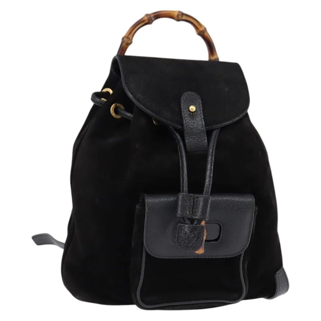 Gucci Vintage Bamboo black suede backpack: Gucci Vintage Bamboo black suede backpack This Gucci Vintage Bamboo Backpack is crafted from black suede and is designed for women. Made in Italy, it features bamboo accents and a compact silhouette. 