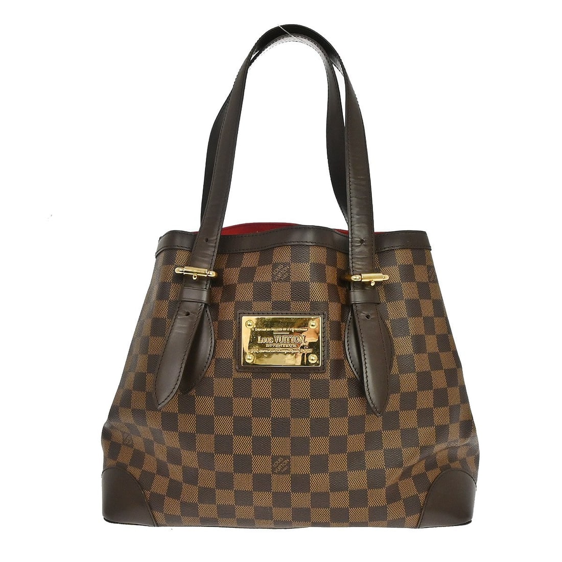 Louis Vuitton Hampstead MM Damier Ebene Tote N51204: Louis Vuitton Hampstead MM Damier Ebene Tote N51204 Vintage Louis Vuitton Hampstead MM tote bag in Ebene Damier canvas with leather trim and a red Alcantara lining. This women's medium tote features b