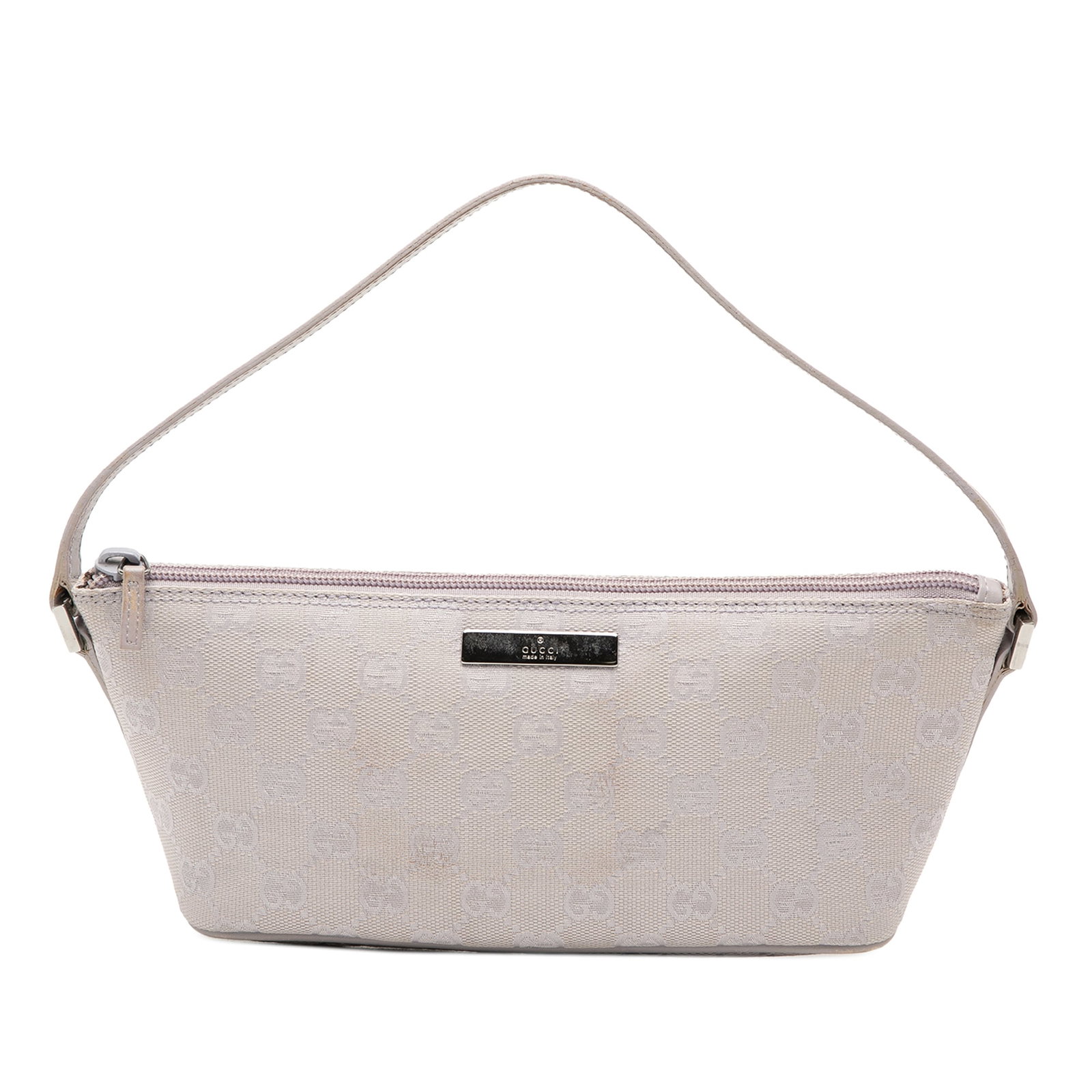 Purple GG Canvas Boat Shoulder Bag with Leather Trim by Gucci: Purple GG Canvas Boat Shoulder Bag with Leather Trim by Gucci This Gucci GG Canvas Boat shoulder bag features a purple canvas body with leather trim, a flat leather strap, and a top zip closure. The b
