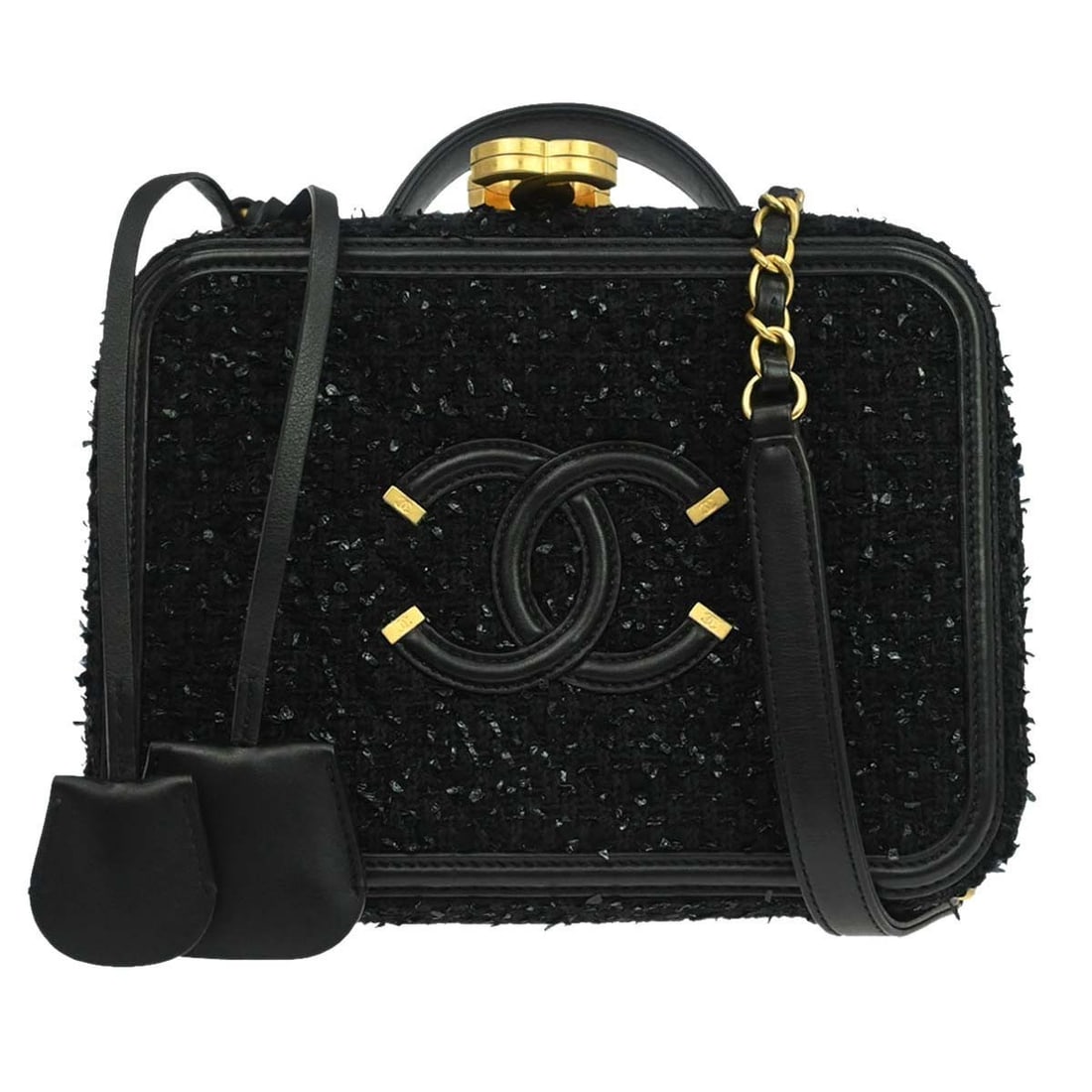 CHANEL CC Filigree Vanity Top Handle Bag Black Tweed Leather: CHANEL CC Filigree Vanity Top Handle Bag Black Tweed Leather Small Chanel CC Filigree 2-way vanity handbag in black tweed and leather with logo accents. Made in Italy, this women's top handle bag feat