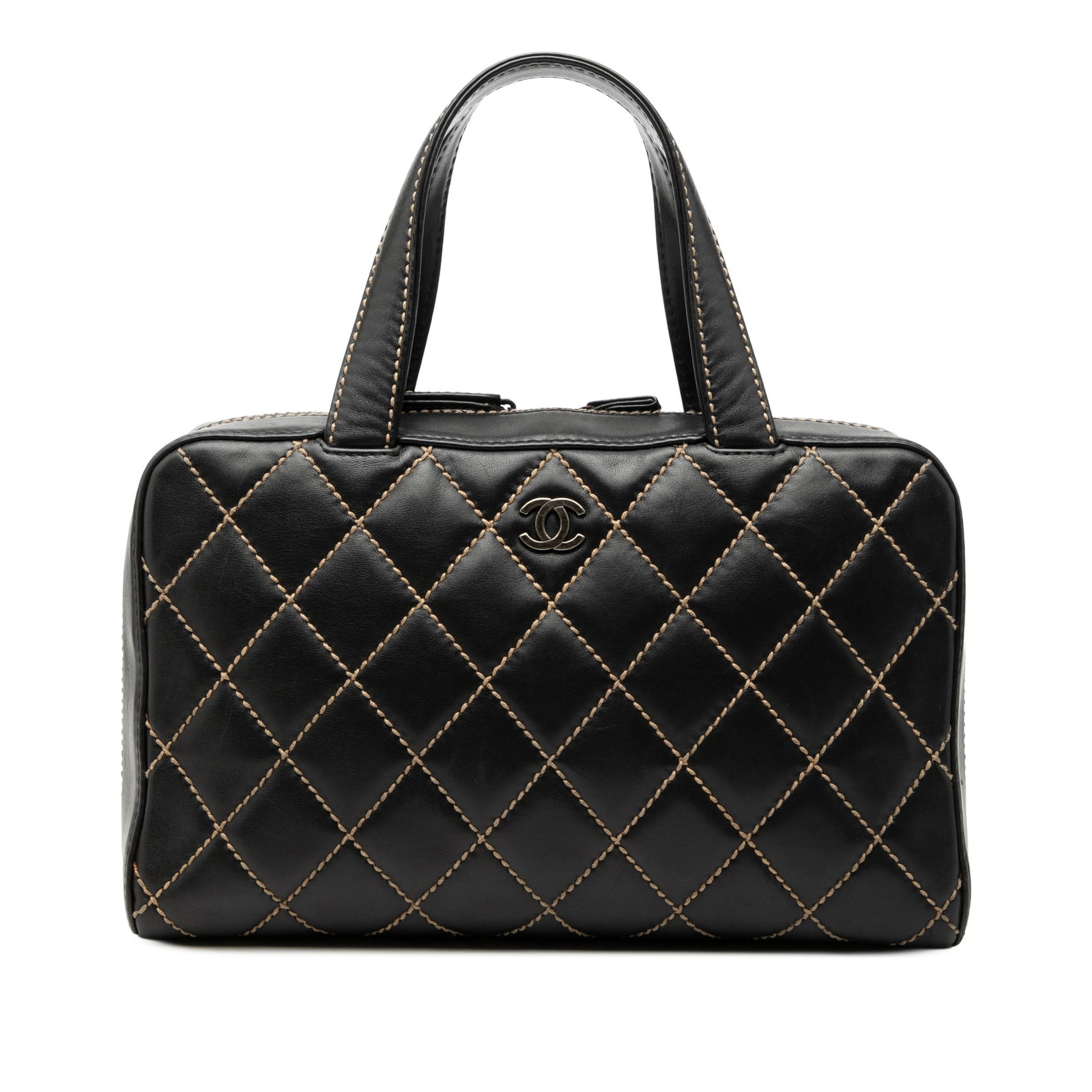 Chanel black lambskin quilted CC wild stitch handbag: Chanel black lambskin quilted CC wild stitch handbag This Chanel CC Lambskin Wild Stitch Handbag is crafted from quilted lambskin leather in black and features flat leather handles, a top zip closure,