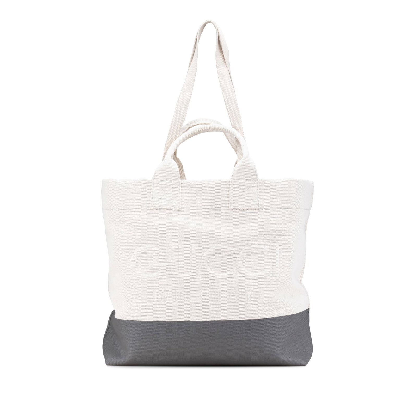 Gucci Canvas Embossed Logo Tote Bag White Fabric Italy: Gucci Canvas Embossed Logo Tote Bag White Fabric Italy This elegant Gucci Canvas Embossed Logo Tote is a stylish and functional accessory, crafted with a durable canvas body and featuring a distinctiv