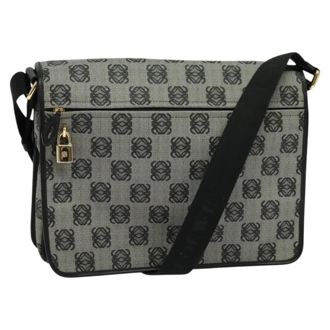 LOEWE Anagram PVC Leather Shoulder Bag Gray Gold Padlock: LOEWE Anagram PVC Leather Shoulder Bag Gray Gold Padlock LOEWE shoulder bag in gray and gold PVC leather with a structured profile and adjustable shoulder strap. Made in Spain, this women's bag includ