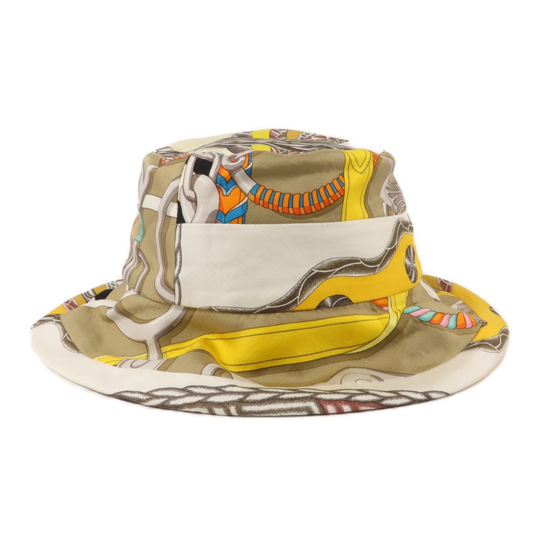 Hermes Silk Multicolor Bucket Hat Size 57: Hermes Silk Multicolor Bucket Hat Size 57 This Hermes bucket hat is crafted from high-quality silk and features a vibrant multicolor design. Made in France, it is sized at 57 and designed for women. T