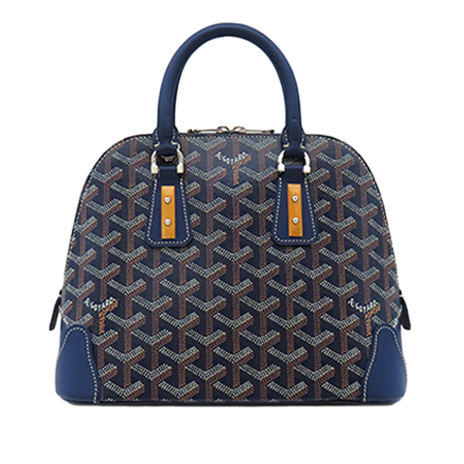 Goyard Vendome Mini Blue Coated Canvas Handbag: Goyard Vendome Mini Blue Coated Canvas Handbag This Mini Goyardine Vendome bag features a coated canvas body with leather trim, rolled leather handles, dual top zip closures, and an interior slip pock