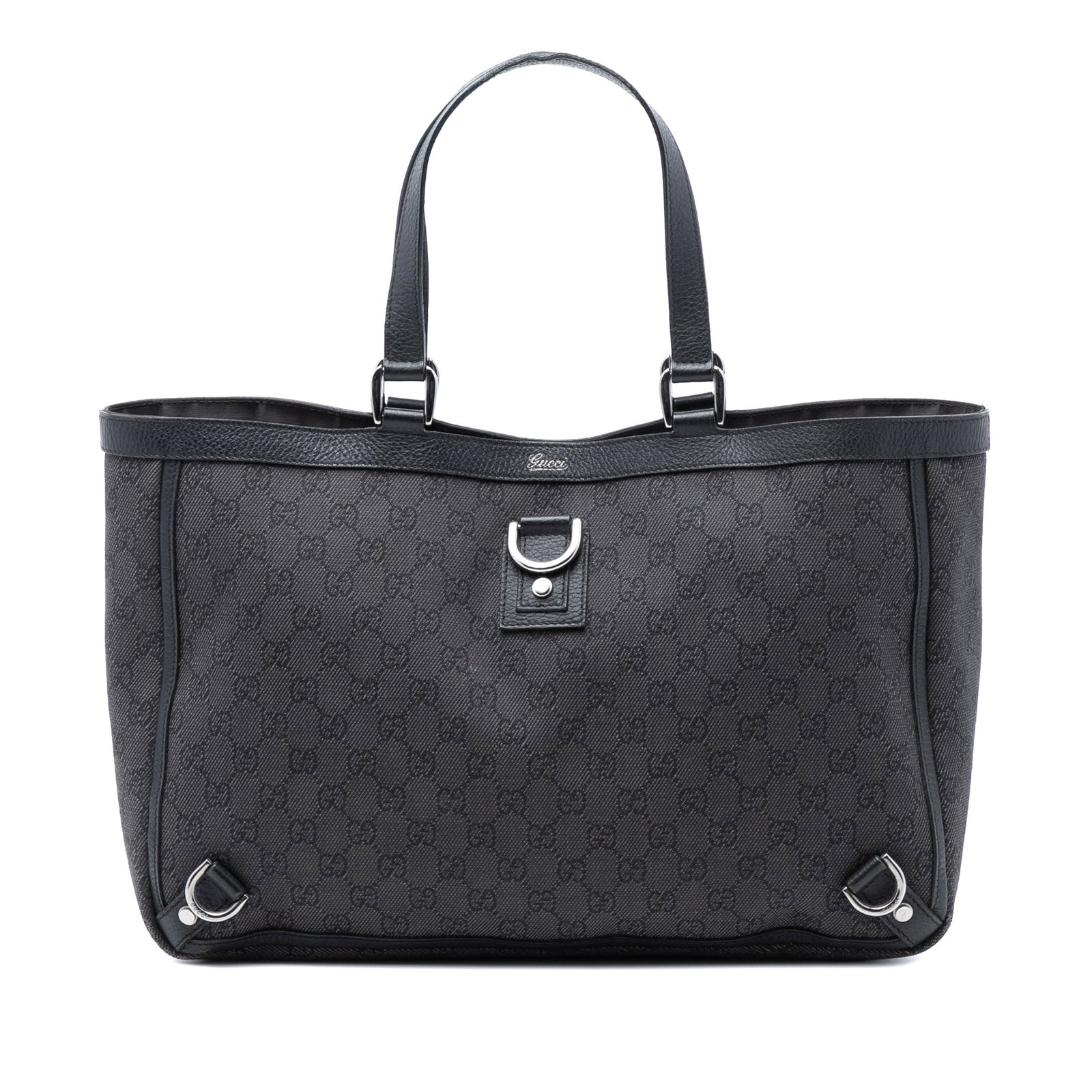 Gucci Abbey D-Ring Tote Black GG Denim with Leather Trim: Gucci Abbey D-Ring Tote Black GG Denim with Leather Trim The Gucci GG Denim Abbey D Ring Tote is crafted from denim with leather trim, featuring flat leather straps, an open top with a magnetic closur