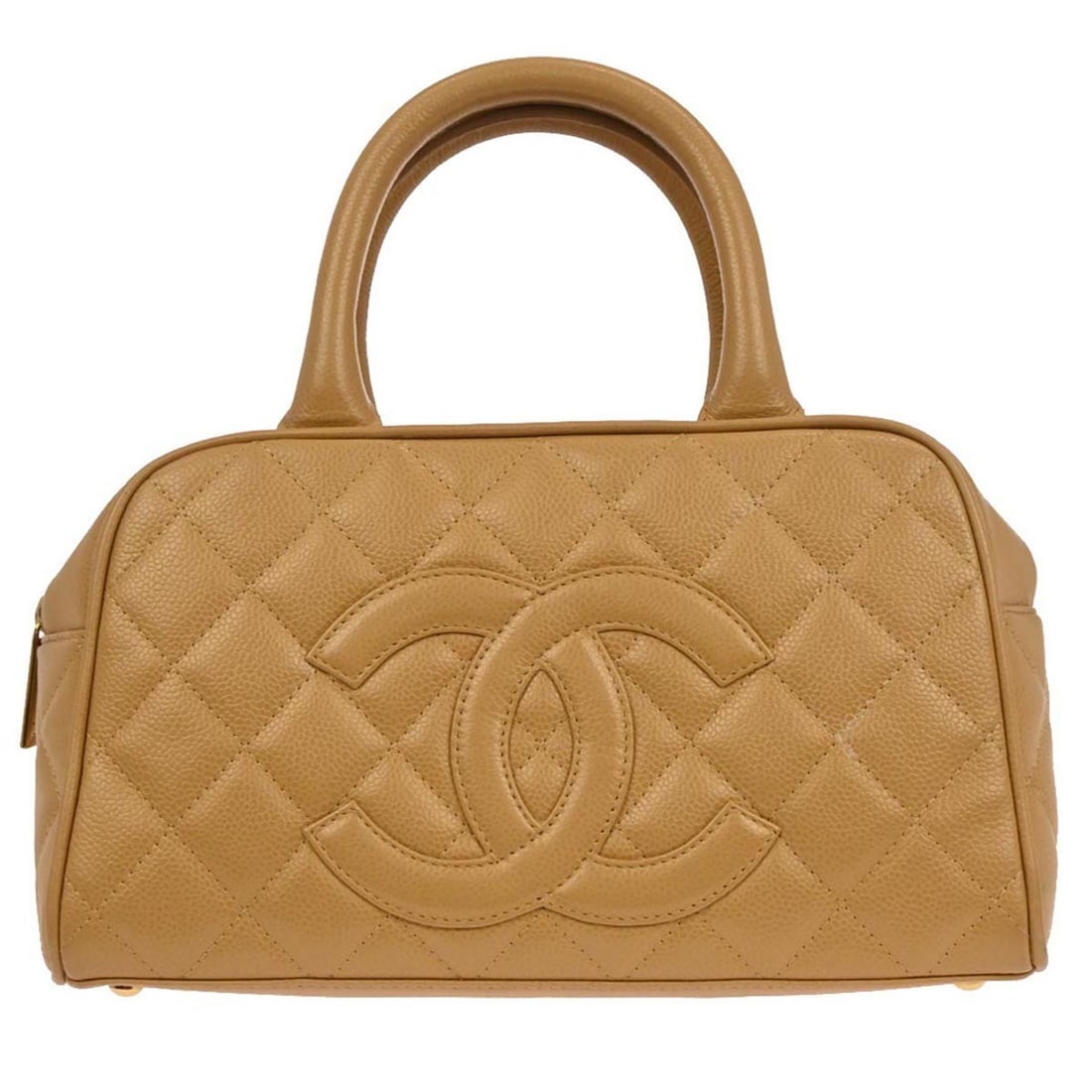 CHANEL Caviar Bowling Bag Beige Calfskin Leather Top Handle 27: CHANEL Caviar Bowling Bag Beige Calfskin Leather Top Handle 27 Chanel Bowling Bag in beige caviar skin leather with double handles, a zip-top closure, logo accents, and inner storage pockets. Made in 