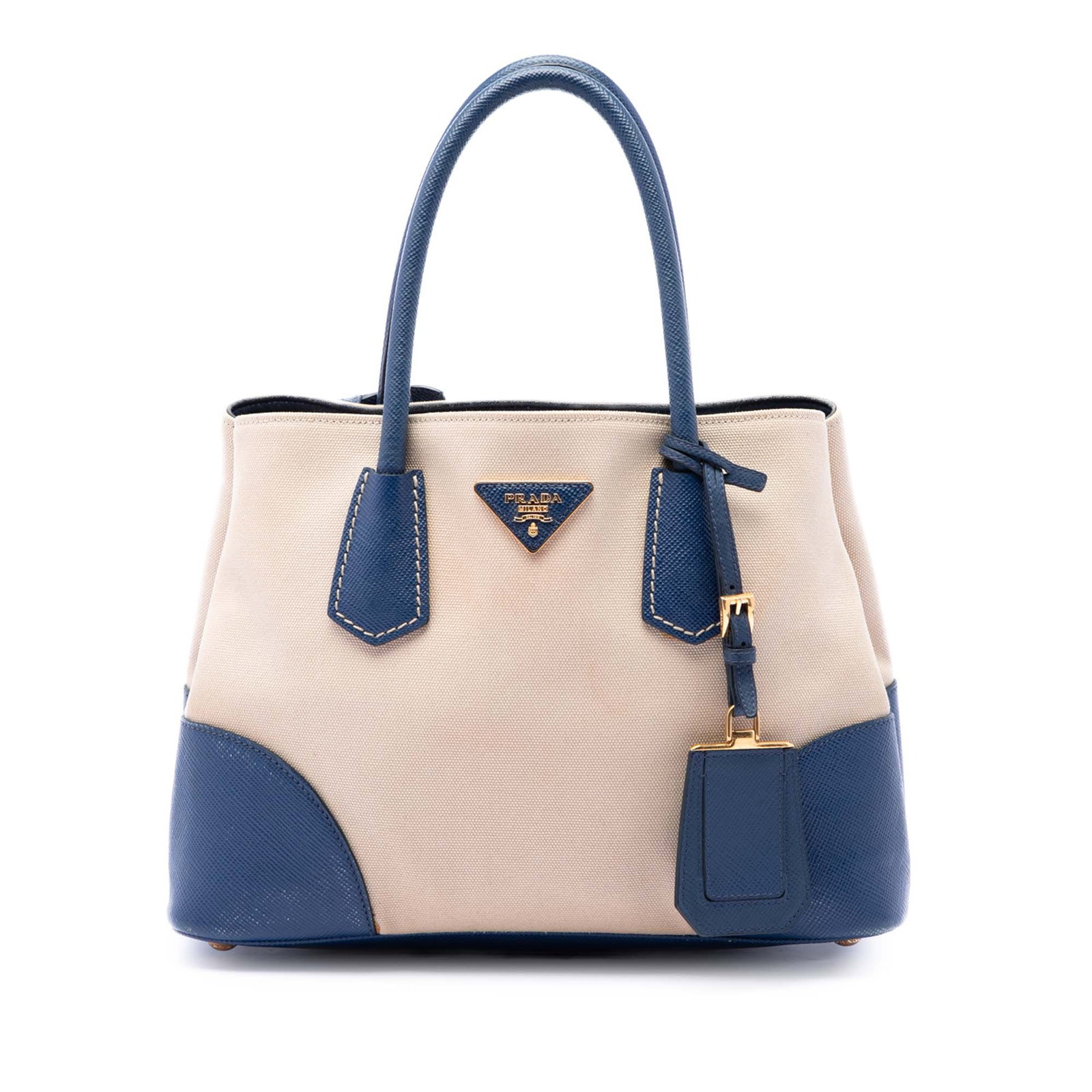 Prada Double Satchel in Beige Canvas with Saffiano Cuir Trim: Prada Double Satchel in Beige Canvas with Saffiano Cuir Trim Prada small satchel in beige canvas with leather trim and rolled leather top handles. The bag features an open top and an interior flap poc