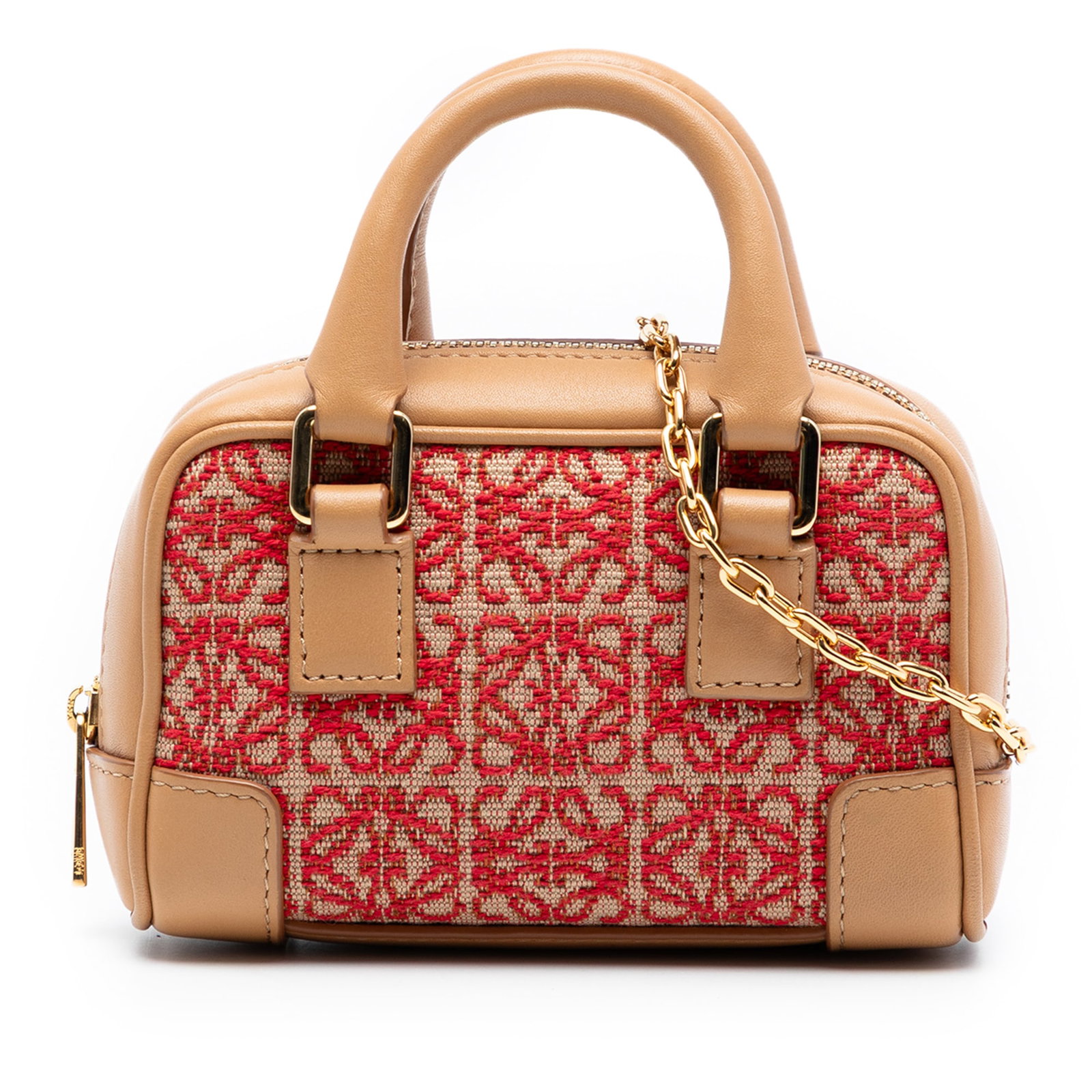 LOEWE Amazona Nano Canvas Satchel with Chain Strap: LOEWE Amazona Nano Canvas Satchel with Chain Strap This LOEWE Nano Canvas Amazona Satchel features a canvas body with leather trim, rolled leather handles, a detachable chain link strap, and a zip-aro