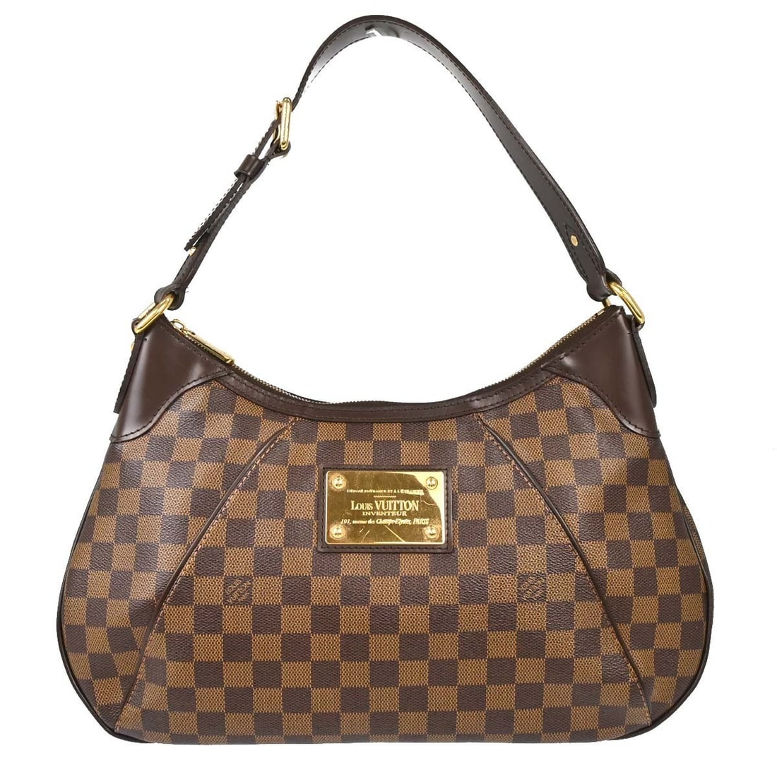 Louis Vuitton Thames PM Damier Canvas Hobo Bag Brown N48180: Louis Vuitton Thames PM Damier Canvas Hobo Bag Brown N48180 Louis Vuitton Thames PM hobo handbag in brown Damier canvas with leather trim. This women's medium bag features a zip closure, top handle wi