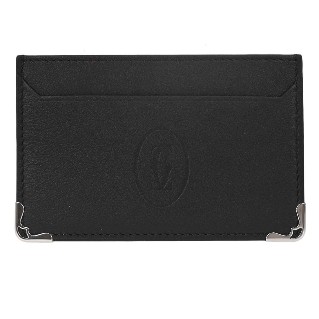 Cartier Must de Cartier Black Leather Card Wallet with Box: Cartier Must de Cartier Black Leather Card Wallet with Box Must de Cartier cardholder in black leather with logo accent. This women's card wallet features two interior pockets and comes with a dust ba