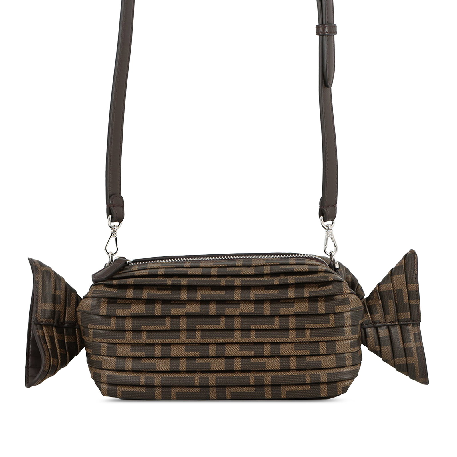 Fendi Caramella Candy Camera Bag in Brown Zucca Canvas: Fendi Caramella Candy Camera Bag in Brown Zucca Canvas Fendi Caramella Candy camera bag in brown Zucca coated canvas with a pleated body, detachable flat strap, and top zip closure. Made in Italy. Con