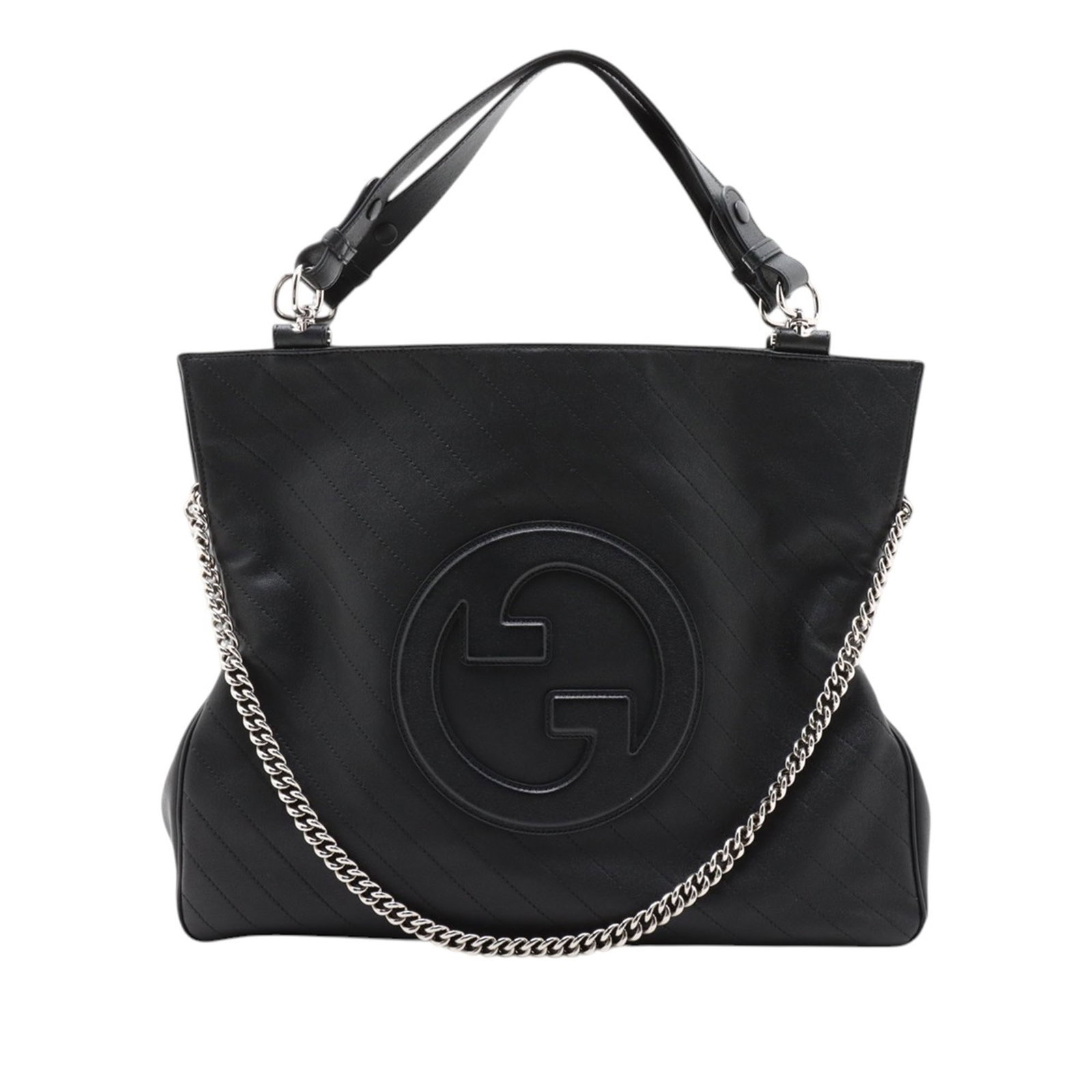 Gucci Blondie Medium Matelasse Calfskin Leather Tote Bag: Gucci Blondie Medium Matelasse Calfskin Leather Tote Bag This Gucci Blondie tote is crafted in black matelasse calfskin with a quilted leather body. It features flat leather handles, a chain link stra