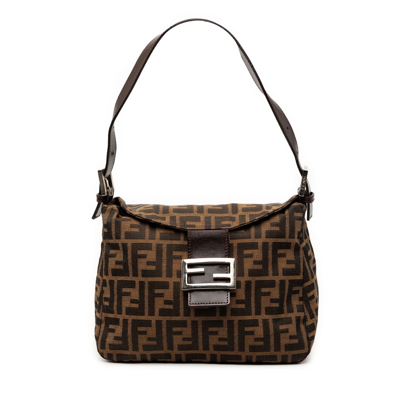 Fendi Mamma shoulder bag in brown Zucca canvas: Fendi Mamma shoulder bag in brown Zucca canvas Fendi Zucca Canvas Double Flap Mamma shoulder bag with a canvas body, adjustable flat leather strap, double flap design, magnetic snap closure, and an in