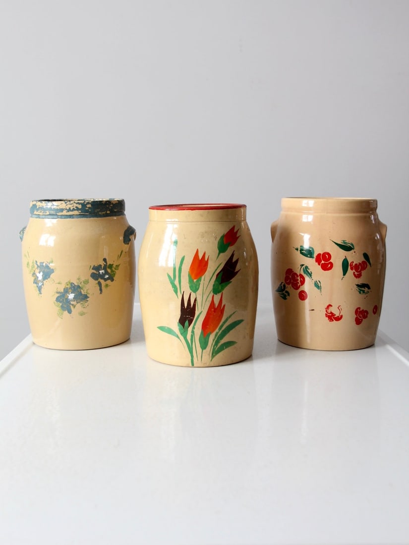 Set of Three Hand Painted Floral American Pottery Storage Vessels (1 of 12)