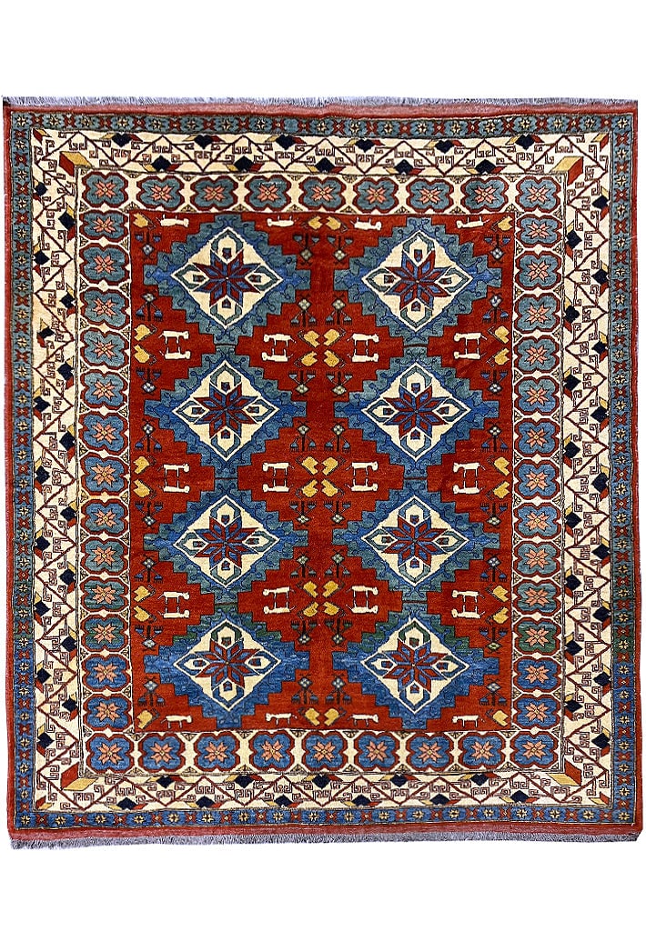 6.2 x 6.6 Chechen Kazak Square Rug: 6.2 x 6.6 Chechen Kazak Square Rug Free continental US Shipping Enhance your living space with this stunning 6.2 x 6.6 genuine Chechen Kazak rug. Known for its unique patterns and vibrant colors, this