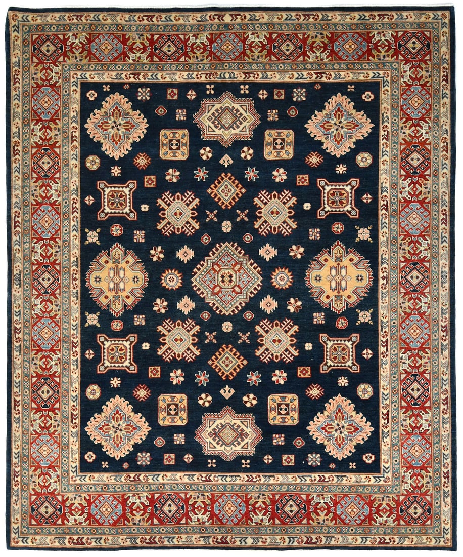 8'2 X 9'10 Hand Knotted Wool Area Rug Tribal Geometric Navy: 8'2 X 9'10 Hand Knotted Wool Area Rug Tribal Geometric Navy This pre-owned hand-knotted area rug features a tribal geometric design in a rectangular 8'2 x 9'10 size. Made of wool, it has a medium pile