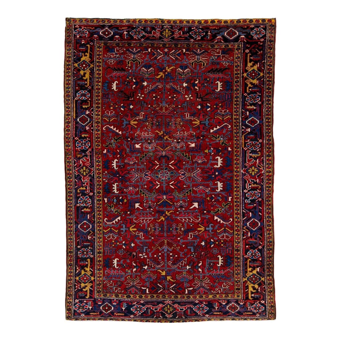 Vintage Persian Red Heriz Hand-Knotted Wool Rug 6'7 x 9'7: Vintage Persian Red Heriz Hand-Knotted Wool Rug 6'7 x 9'7 Enhance your space with this Vintage Persian Red Heriz Hand-Knotted Wool Rug. This exquisite rug features a timeless allover pattern, intricat