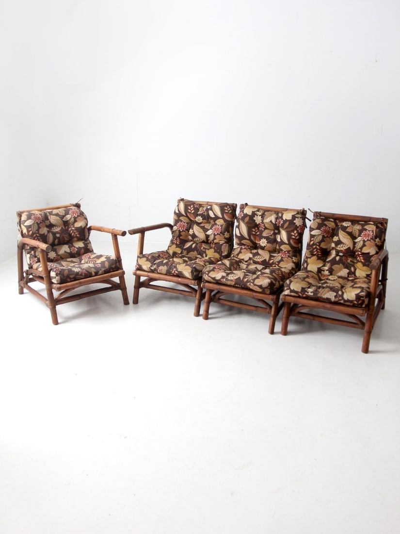 Milo Baughman Calif-Asia Rattan Sectional Couch and Lounge Chair Set: Milo Baughman Calif-Asia Rattan Sectional Couch and Lounge Chair Set Experience the charm of mid-20th century design with this Calif-Asia rattan sectional couch and lounge chair set, often attributed 