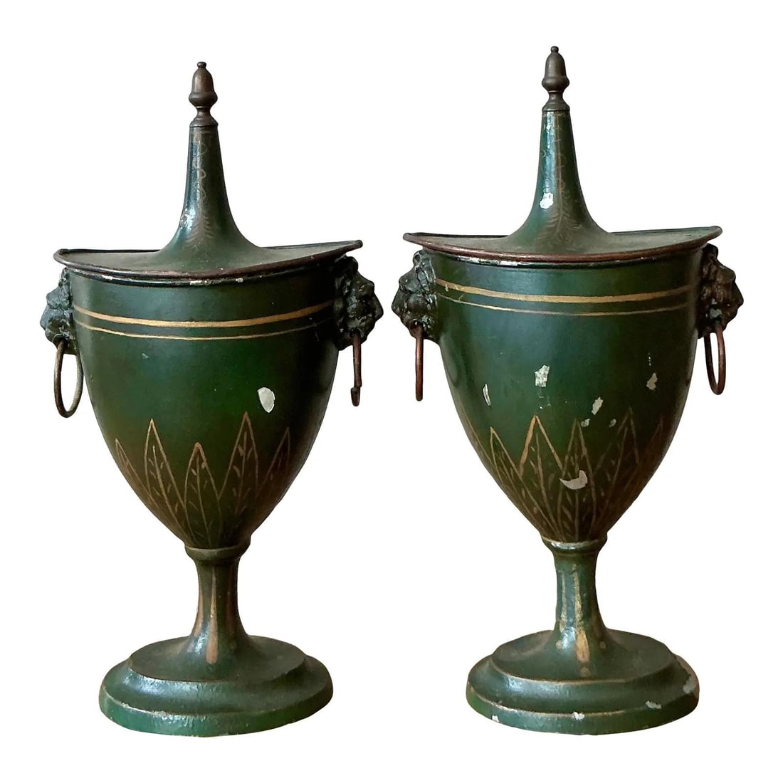 Pair of French Tole Peinte Urns with Patinated Green and Gold Accents: Pair of French Tole Peinte Urns with Patinated Green and Gold Accents This pair of vintage French tole urns showcases Neo-Classical design with a patinated, distressed emerald green finish and gold li