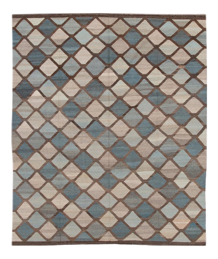 Modern Blue Geometric Handmade Wool Kilim Rug 8'1 x 9'8: Modern Blue Geometric Handmade Wool Kilim Rug 8'1 x 9'8 Enhance your living space with this stunning handcrafted wool Kilim rug, showcasing a captivating blue geometric design complemented by tones of