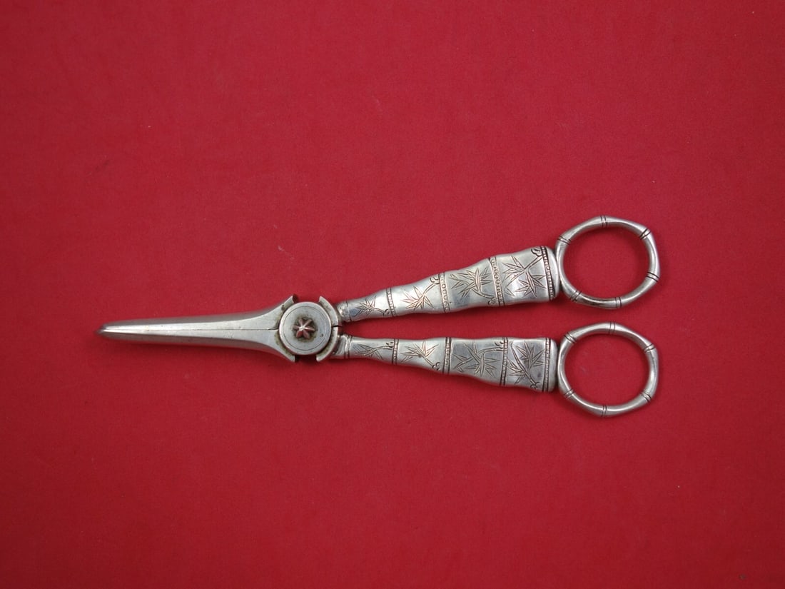 Grape Shears 950 Silver with Bamboo Motif Japanese Maker Unknown 6 3/8 Inch (1 of 1)