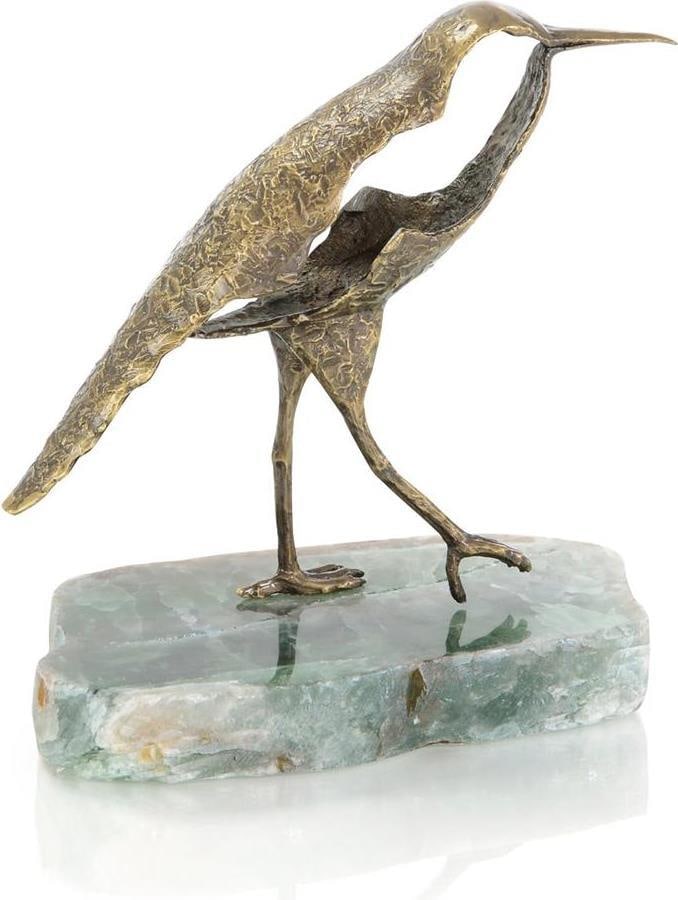 John-Richard Avian Brass Sculpture on Green Stone 8.25H: John-Richard Avian Brass Sculpture on Green Stone 8.25H Discover the elegance of this Artisan Brass Avian Sculpture set on a striking green stone base. This exquisite piece is designed in an antique o