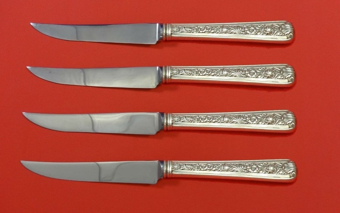 Windsor Rose by Watson Sterling Silver Steak Knife Set 4pc Custom 8.5": Windsor Rose by Watson Sterling Silver Steak Knife Set 4pc Custom 8.5" Enhance your dining experience with this exquisite 4-piece steak knife set in the elegant Windsor Rose pattern by Watson. Crafted