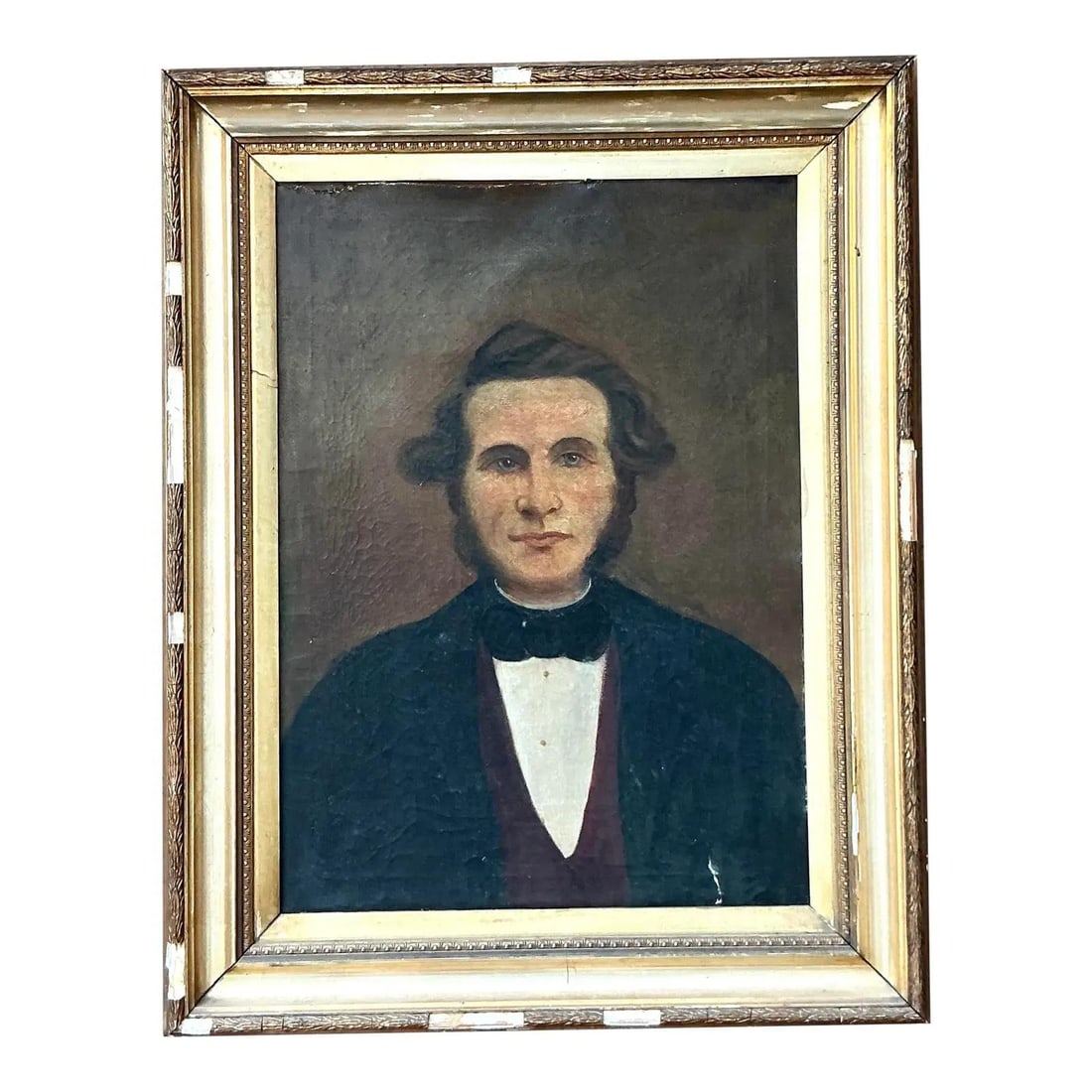 19th Century American Folk Art Oil Portrait in Original Gilt Frame: 19th Century American Folk Art Oil Portrait in Original Gilt Frame This 19th-century American folk art oil portrait features a distinguished gentleman dressed in formal period attire, including a dark