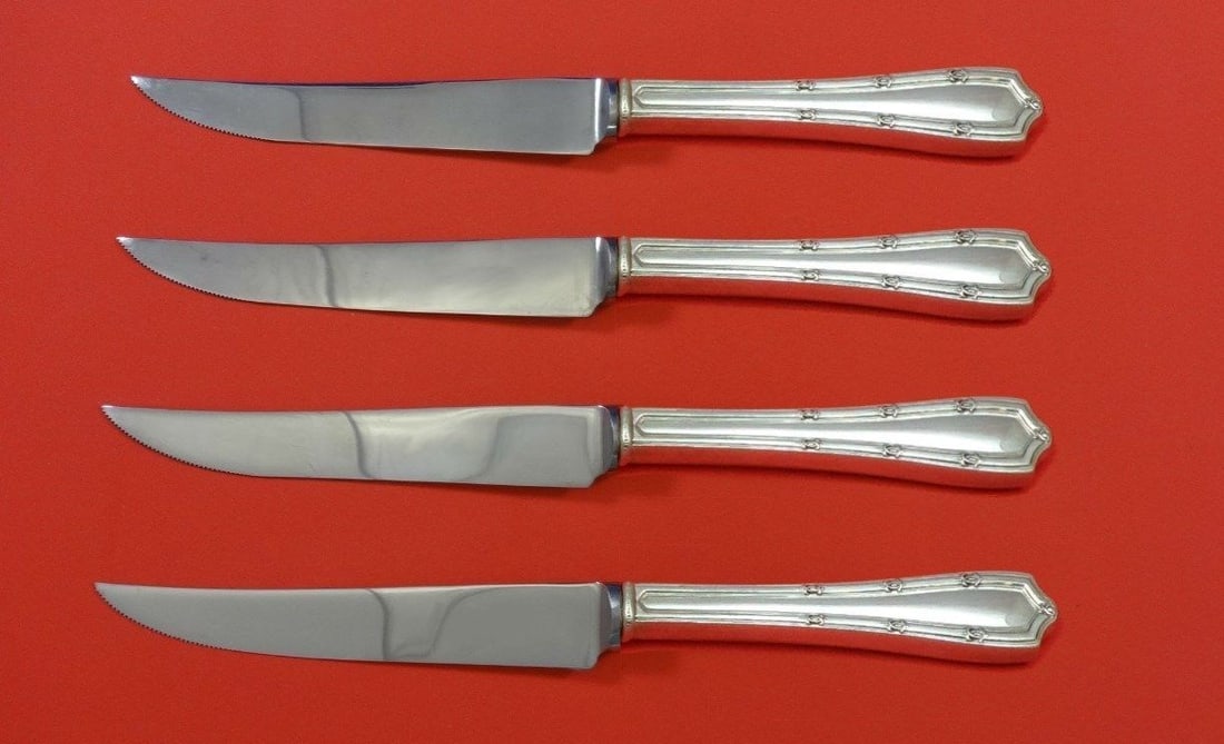 Alvin Francis I Sterling Silver Steak Knife Set 4pc Custom Made 8.5": Alvin Francis I Sterling Silver Steak Knife Set 4pc Custom Made 8.5" This exquisite 4-piece steak knife set features the elegant Francis I pattern by Alvin. Crafted from high-quality sterling silver, 