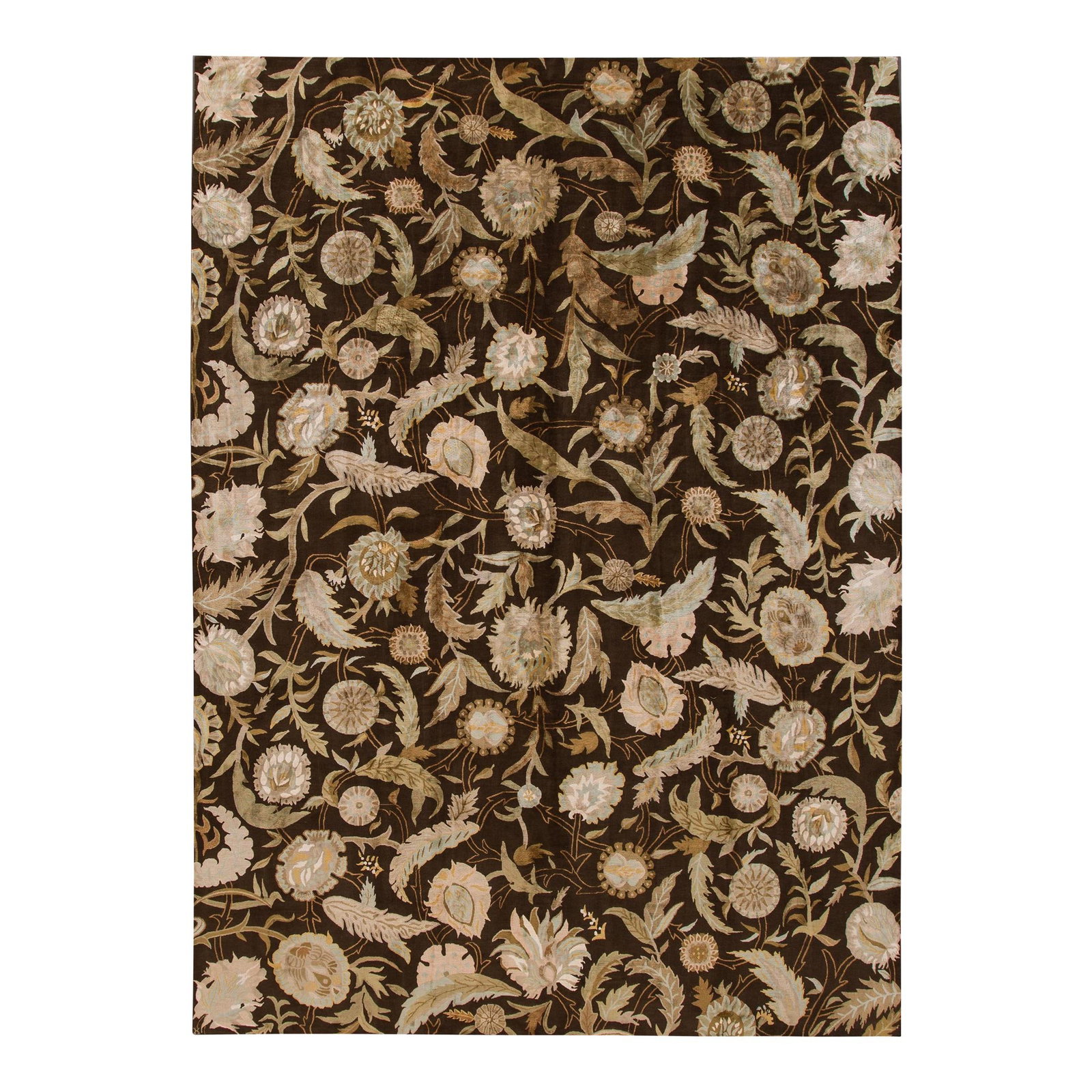 Handmade Brown Ikat Floral Wool Rug 9'9 x 13'9 Nepalese Design: Handmade Brown Ikat Floral Wool Rug 9'9 x 13'9 Nepalese Design Discover the beauty of this stunning modern Ikat hand-knotted wool rug, featuring a rich brown color field. Crafted in Nepal, this exquis