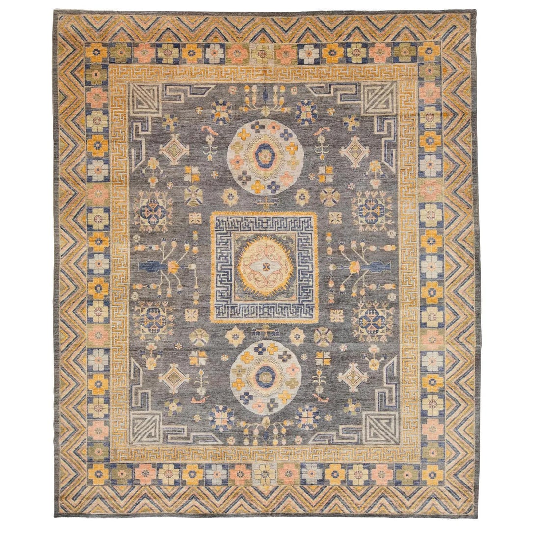 Handmade Wool Khotan Style Area Rug 12'1 x 14'4 Charcoal Gold: Handmade Wool Khotan Style Area Rug 12'1 x 14'4 Charcoal Gold This Modern Khotan Style area rug showcases a harmonious blend of East Turkestan-inspired motifs and contemporary design. Hand-knotted fro