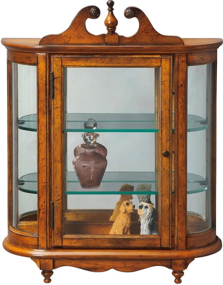 Victorian Style Heritage Wall Display Cabinet With Curved Glass and Oak Finish: Victorian Style Heritage Wall Display Cabinet With Curved Glass and Oak Finish This wall curio cabinet features a timeless design with curved glass sides, crafted in a Victorian style. Made from cherr
