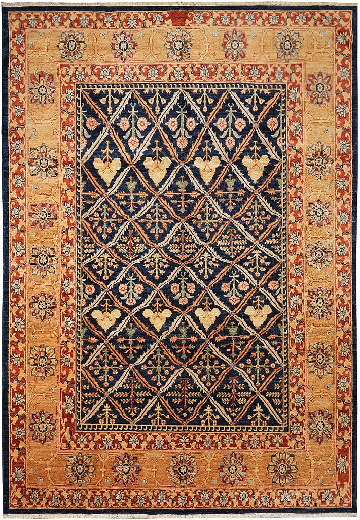 Handmade Zigler Chobi Rug 122 x 158 in Navy Blue Gold Wool Pakistan: Handmade Zigler Chobi Rug 122 x 158 in Navy Blue Gold Wool Pakistan Free continental US Shipping This handmade Zigler Chobi area rug features a transitional design with a navy blue field and a gold an