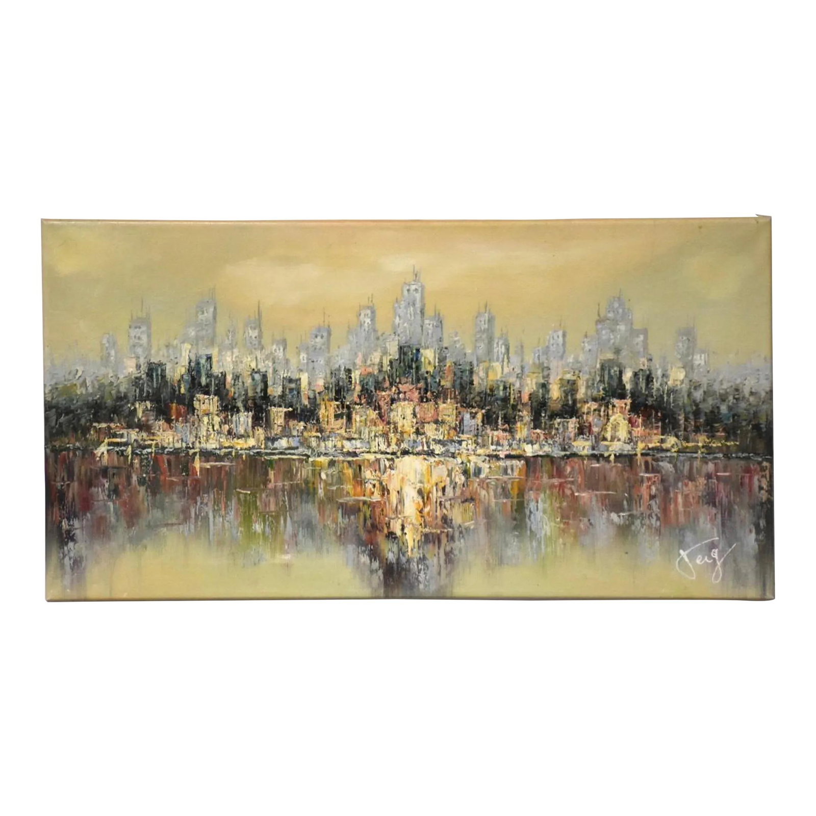 Vibrant Blue Abstract Skyline Painting Signed 31.5 x 16.5 (1 of 6)