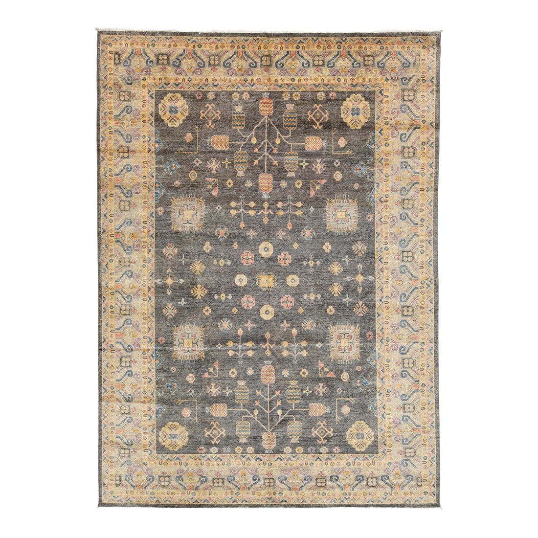 Handmade Wool Khotan Style Rug 9'9 x 13'8 Charcoal Gold: Handmade Wool Khotan Style Rug 9'9 x 13'8 Charcoal Gold This handmade wool rug showcases a modern interpretation of Khotan style, blending East Turkestan-inspired artistry with a contemporary charcoal
