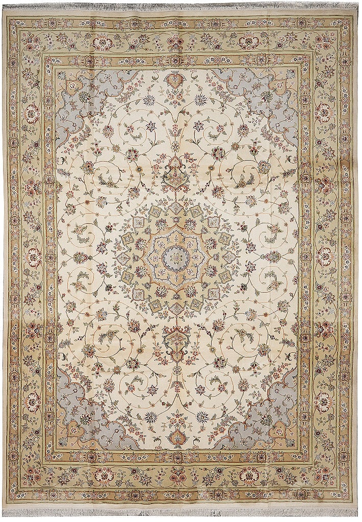 9.9 x 13.9 Ivory Wool and Silk Hand-Knotted Tabriz Carpet China: 9.9 x 13.9 Ivory Wool and Silk Hand-Knotted Tabriz Carpet China Free continental US Shipping This hand-knotted area rug features a blend of wool and silk in an ivory base, accented with beige, gold, l