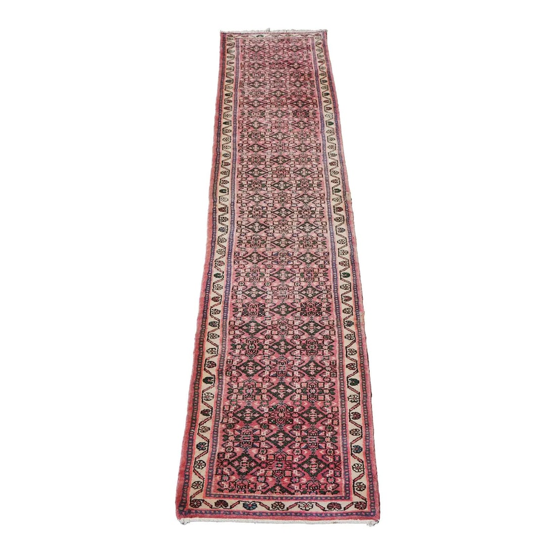 2x12 Pink Oriental Style Runner Rug C.1930s: 2x12 Pink Oriental Style Runner Rug C.1930s Vintage Oriental style rug, circa 1930s, with a pinkish background. It is a pre-owned estate rug with minor wear on the edges and other wear consistent with