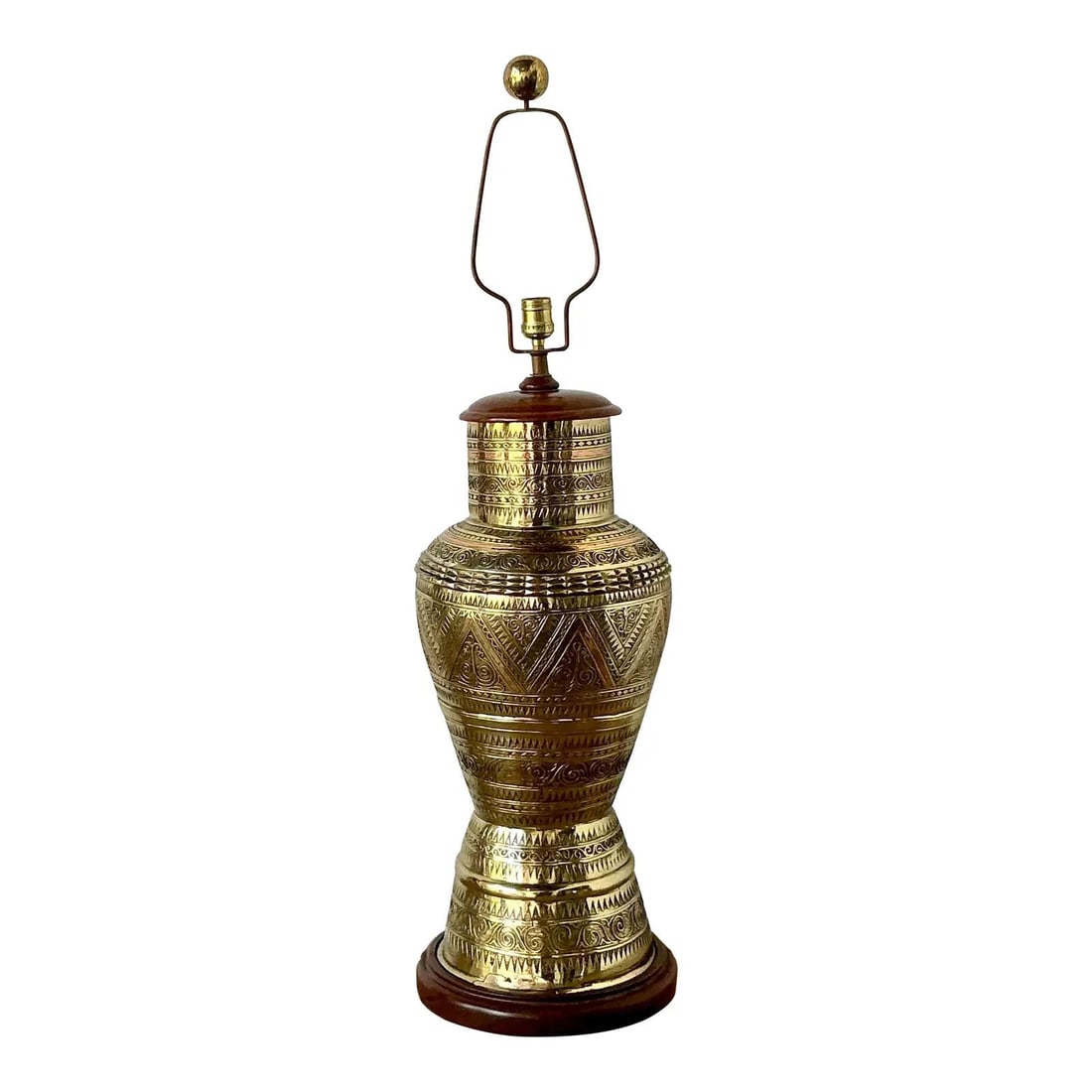 Hand Tooled Brass Table Lamp With Geometric Motifs and Wood Accents (1 of 10)