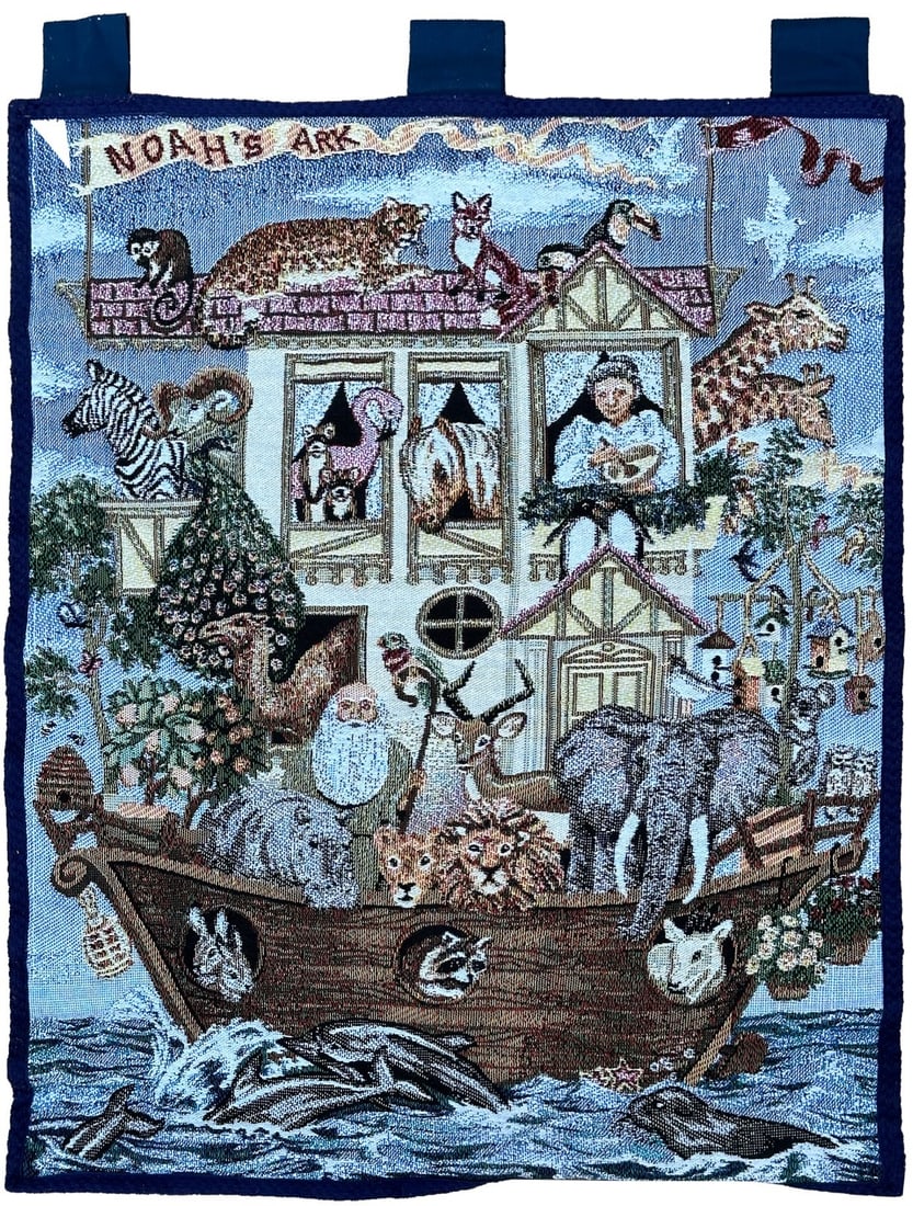 French Wool Noahs Ark Wall Tapestry 2x3 Blue Animal Scene (1 of 10)