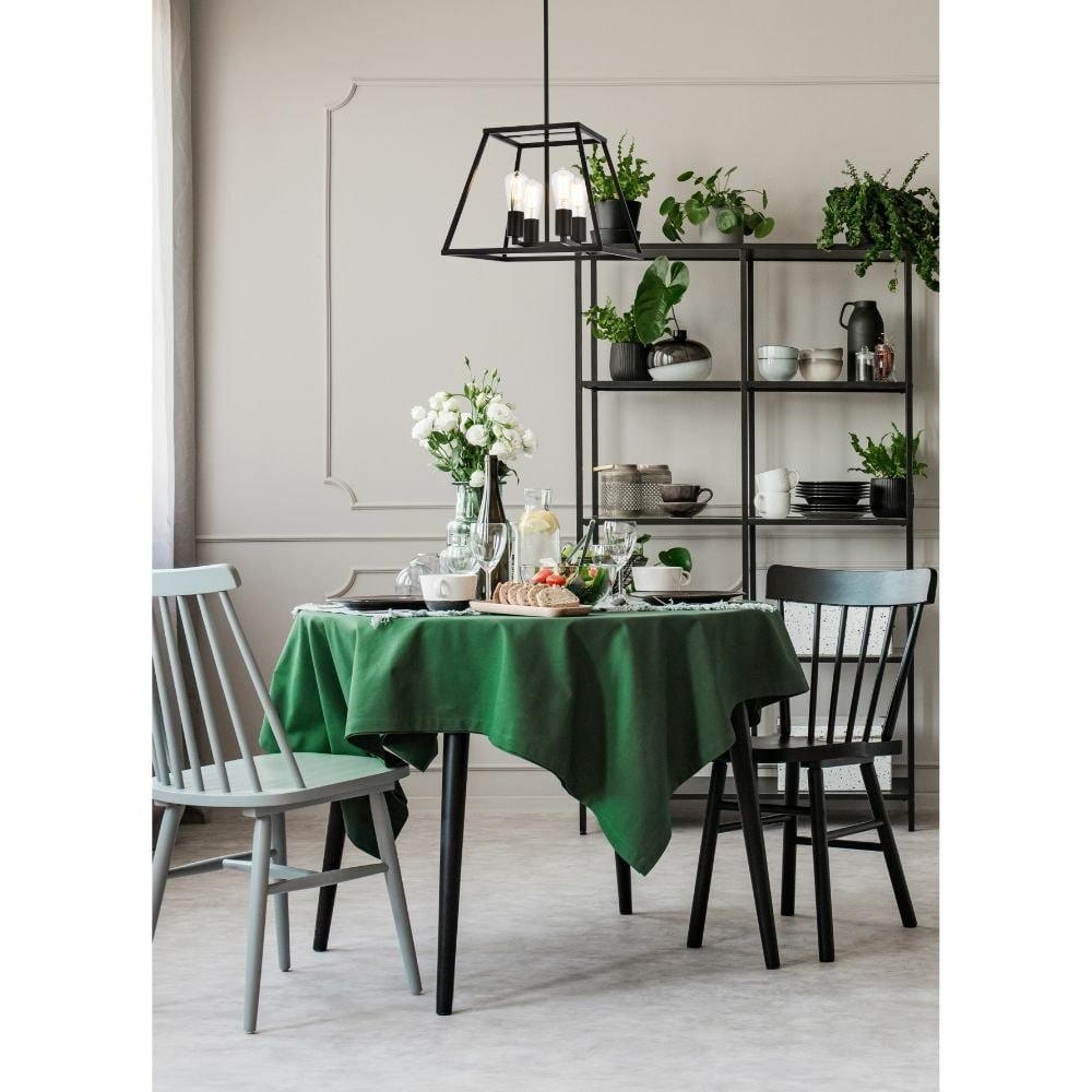 Living District Declan 4-Light Black Metal Pendant: Living District Declan 4-Light Black Metal Pendant This modern black chandelier features a trapezoid-shaped open shade and is designed for use over kitchen islands, dining tables, or in living rooms a