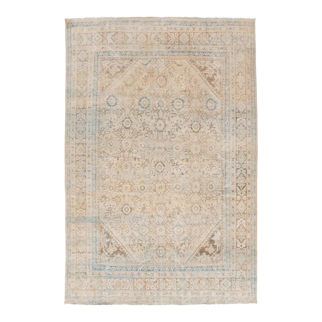 Antique Mahal Wool Rug 7'9 x 11'6 Beige Allover Design: Antique Mahal Wool Rug 7'9 x 11'6 Beige Allover Design Discover the timeless elegance of this antique Mahal hand-knotted wool rug. Featuring a stunning beige field adorned with an intricate all-over d