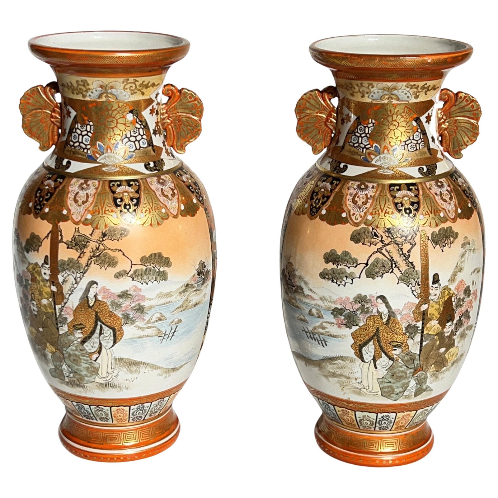 Set of 2 Early 20th Century Japanese Kutani Porcelain Vases with Gilt Decoration: Set of 2 Early 20th Century Japanese Kutani Porcelain Vases with Gilt Decoration This pair of Japanese Kutani porcelain vases features fine enameled and gilt decorations, exemplifying craftsmanship fr