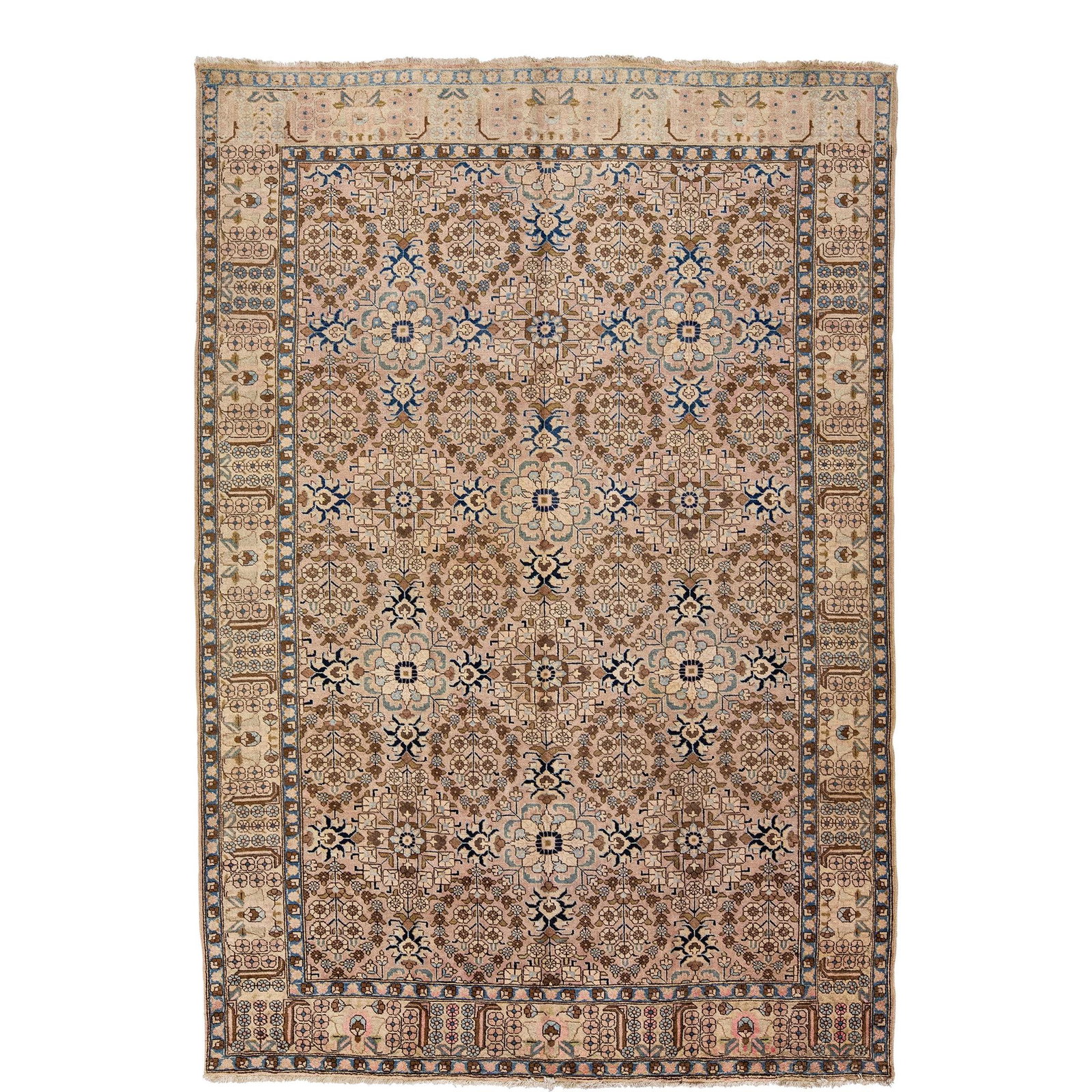 Antique Tabriz Handmade Wool Rug 7' x 10'5' Peach Floral Design: Antique Tabriz Handmade Wool Rug 7' x 10'5' Peach Floral Design This exquisite antique Tabriz hand-knotted wool rug features a stunning peach field adorned with a captivating all-over floral design. T