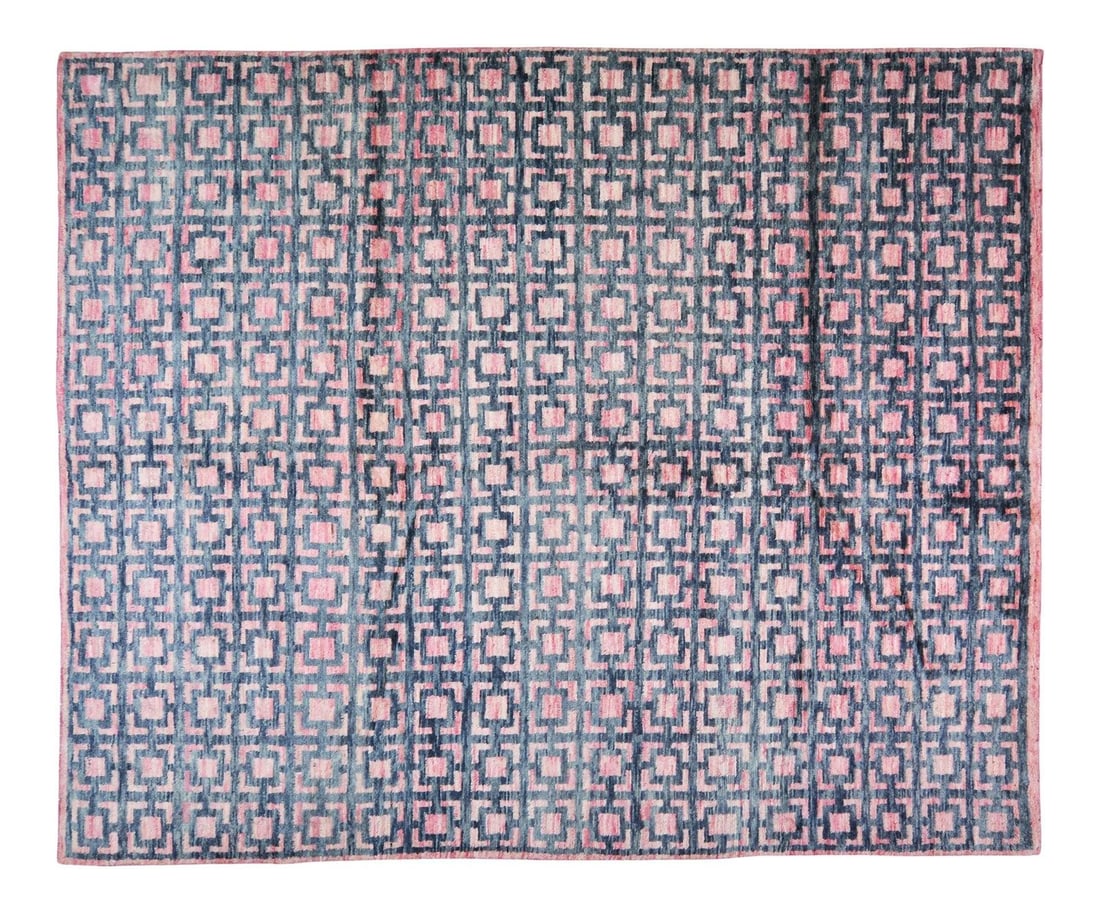 8'1" x 9'10" Azilal Moroccan Wool Rug in Navy Blue Hand Knotted: 8'1" x 9'10" Azilal Moroccan Wool Rug in Navy Blue Hand Knotted This Moroccan Azilal rug is hand knotted from natural color organic wool, offering a contemporary style and a soft texture. The rug feat
