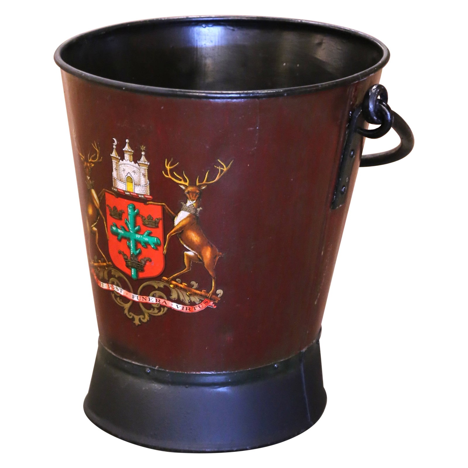 Antique Hand-Painted Iron Fire Coal Bucket with Heraldic Crest England 1930: Antique Hand-Painted Iron Fire Coal Bucket with Heraldic Crest England 1930 This stunning early 20th-century English hand-painted iron fire or coal bucket is a captivating blend of functionality and a