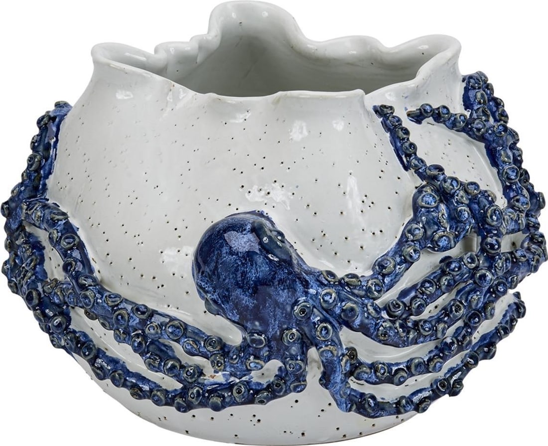 Artistic Octopus Ceramic Bowl Cream Indigo Blue 8.5H 12W 12D: Artistic Octopus Ceramic Bowl Cream Indigo Blue 8.5H 12W 12D Enhance your home decor with this artistic ceramic bowl featuring a unique octopus design. Measuring 8.50 inches in height, 12.00 inches in