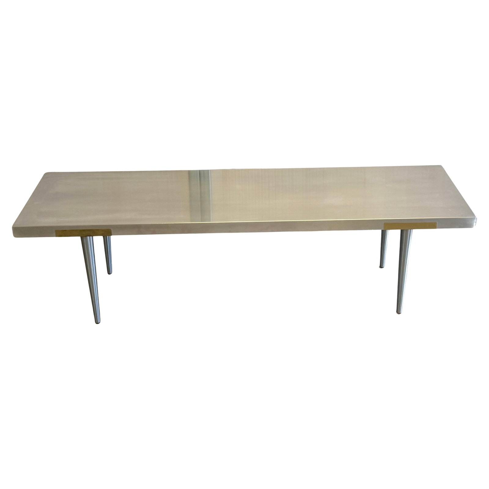 Giuseppe Rivadossi Minimalist Stainless Steel Brass Coffee Table 1980s Italy: Giuseppe Rivadossi Minimalist Stainless Steel Brass Coffee Table 1980s Italy Discover a rare and refined Italian minimalist bench or coffee table attributed to the studio of renowned designer Giuseppe